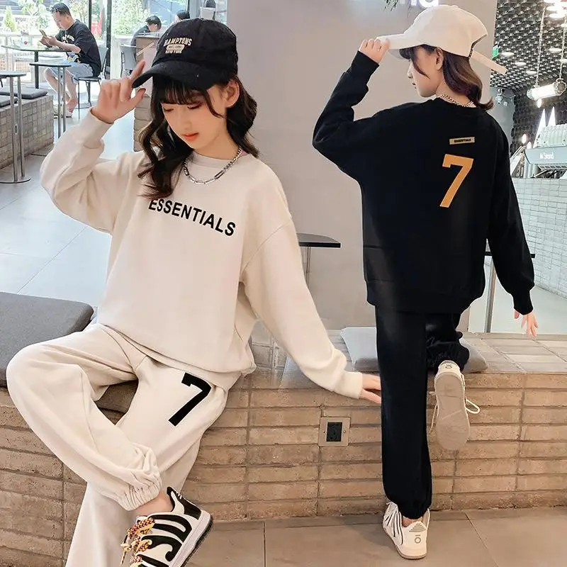 

Girls Sweatshirts +Pants 2PCS/Set 2022 Beige Warm Winter Autumn Kids Suits Cotton Outfits Thicken Children Clothing
