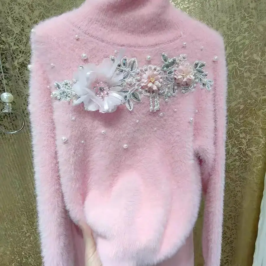 Новый свитер с жемчугом и бисером кисточками цветами толстым искусственным