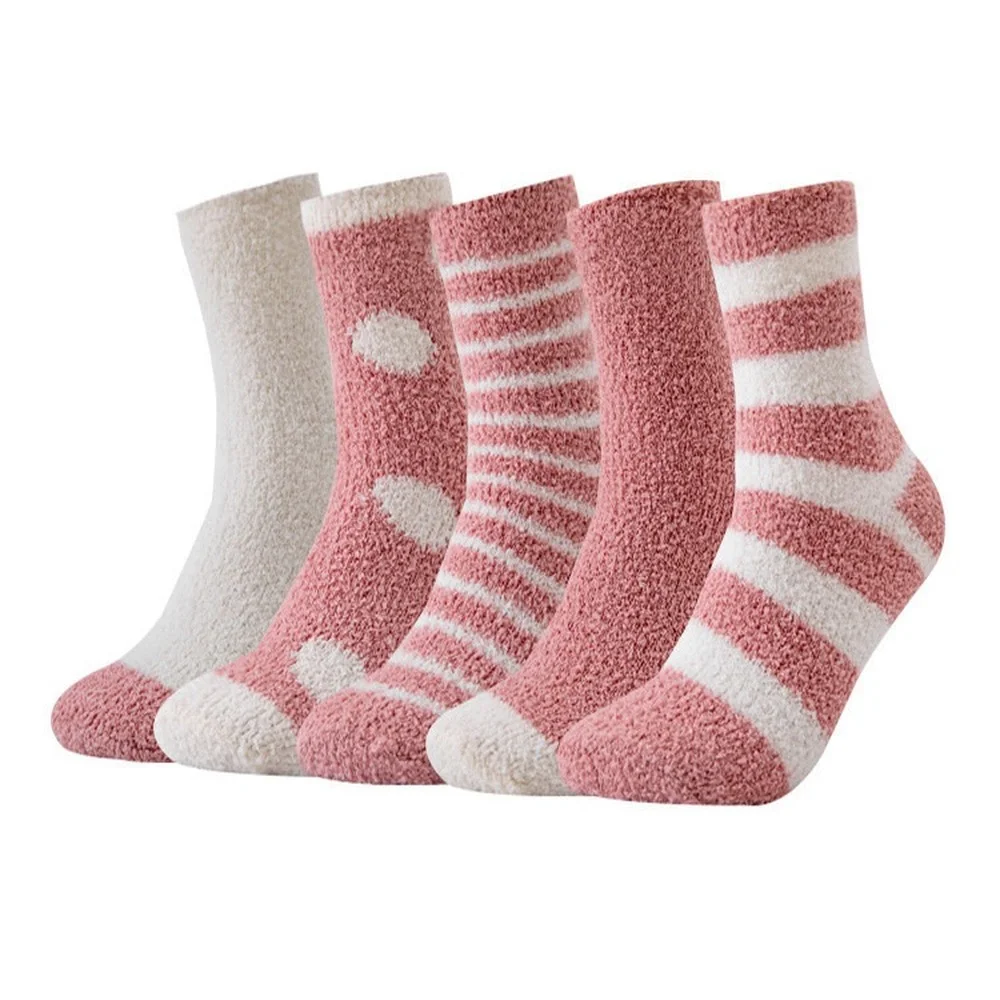 5 Pairs High Quality Coral Fleece Floor Socks Women Pink Series Striped Dots Thickened Warm Sleeping Socks Dropshipping