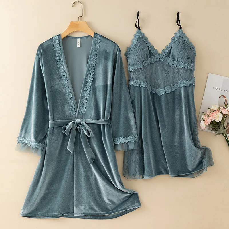 

Комплект бархатный женский из 2 предметов, пикантная одежда для сна, халат-кимоно, велюровая ночнушка, кружевная ночная рубашка в стиле пэчворк, Свободная Домашняя одежда, осень-зима