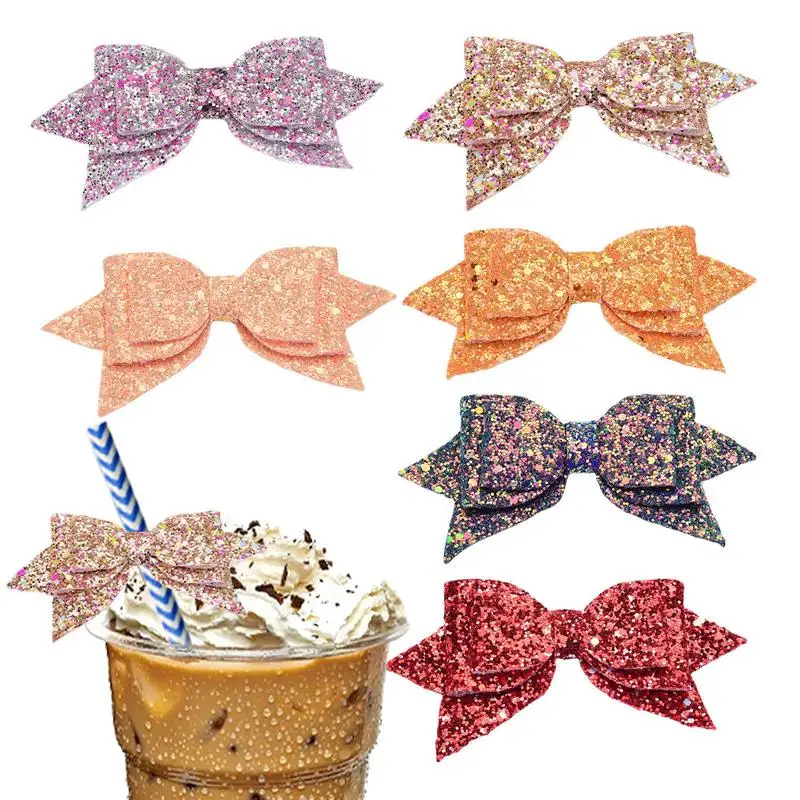 

Bow Straw Topper 6 Pcs Waterproof Straw Decorations For Party PU Leather Sparkling Decoration Straw Topper For Juices Milk