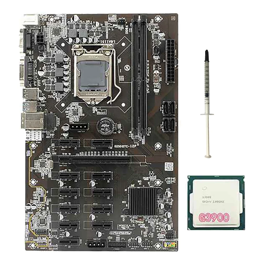 

B250 BTC Mining Motherboard with G3900 CPU+Thermal Grease 12 PCI-E Graphics Slot LGA1151 DDR4 DIMM RAM SATA3 Motherboard