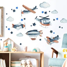 Cartoon Aircraft Cloud Wall Sticker For Kids Room Bedroom Background Decor Wallpaper Self Adhesive Home Decoration Plane Decals