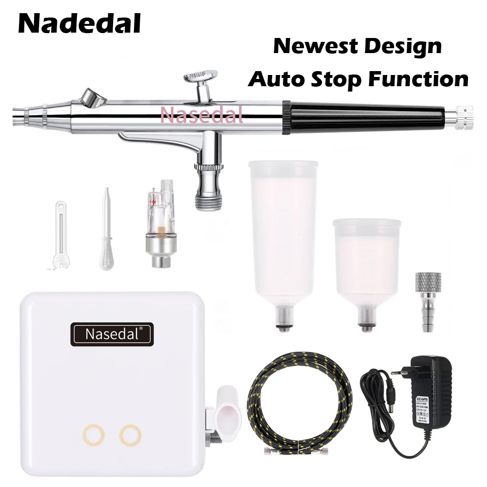 Nasedal 0.3mm Airbrush Auto-Stop Air Compressor Kit Spray Gun Face Skin Replenishment Makeup Cake Model Painting Tool NT-34