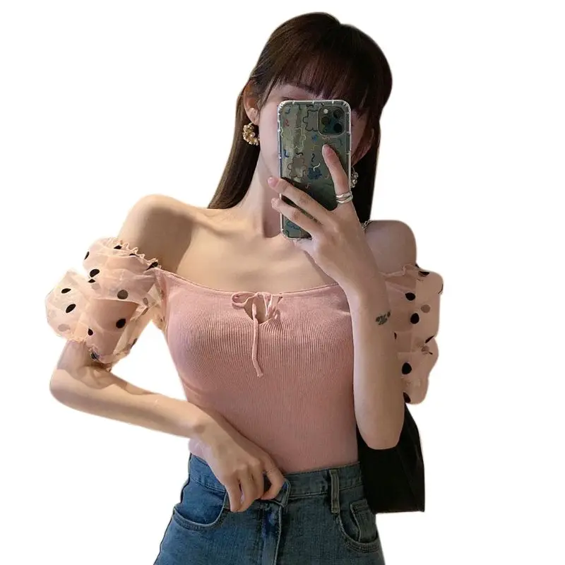 

New style Women Short Puff Sleeve Lace-Up T-Shirt Polka Dot Mesh Patchwork Slim Crop Top Ribbed Knit Sexy Off Shoulder Blouse