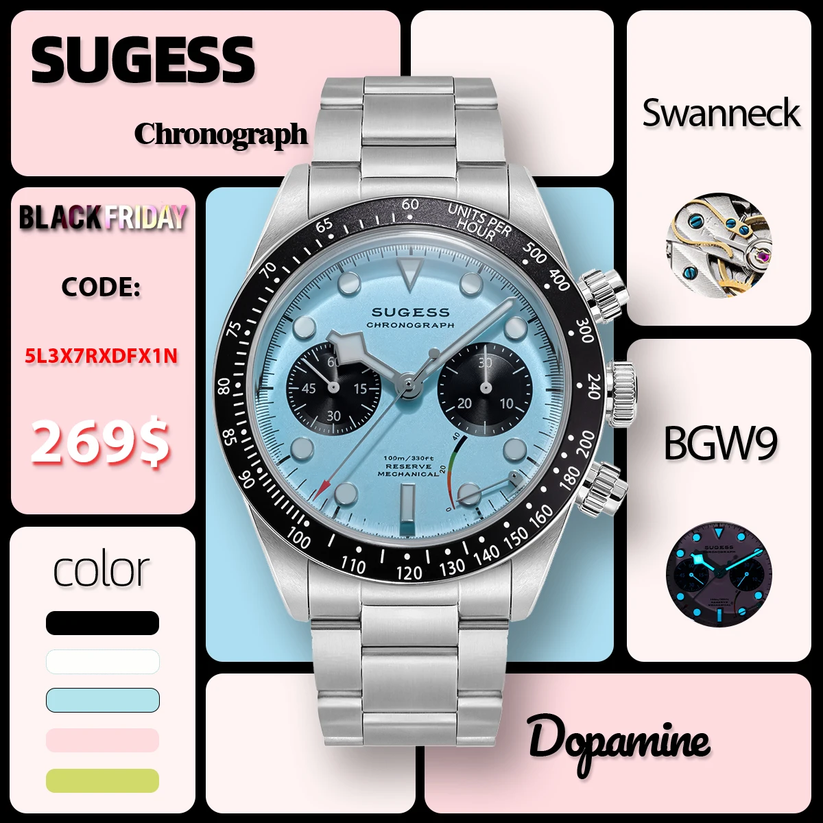 Sugess Pilot Watch Мужские хронографы ST1907 Механизм ВВС Механические наручные часы с