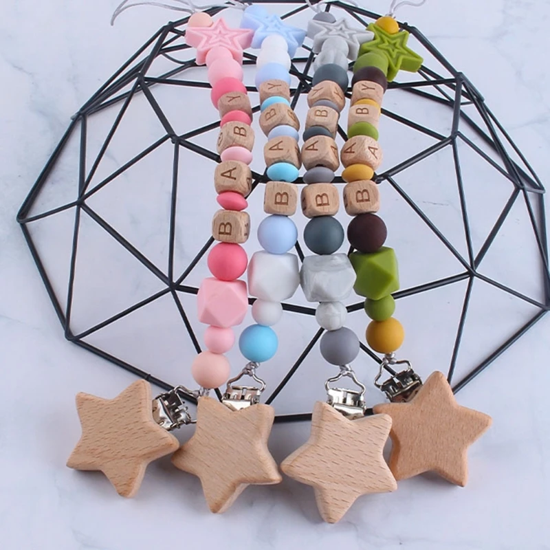

Cartoon Teething Bracelet Beads Wooden Pacifier Holder with Clip Chewing Teether Toy Unisex Baby Shower Birthday Gift A2UB