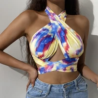 weiyao tie dye print grunge y2k halter tops for women summer beach holiday clothes cross hollow out tie up sexy crop tank vest