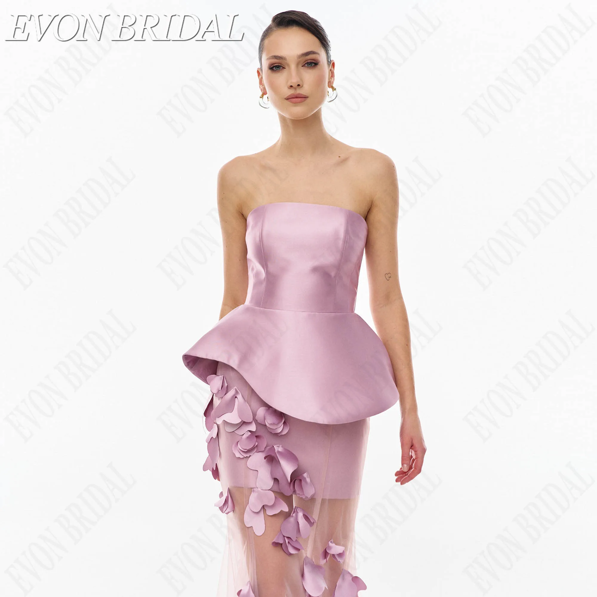 Фото EVON BRIDAL Без Бретелей Атлас Съемная Тюлевая Шлейф Прямое Платье С Молнией Сзади На Заказ Из Гладкого Блестящего Атласа 2026 Женское Вечернее Платье Для Клубов Свадеб Балов И Официальных Мероприятий №5