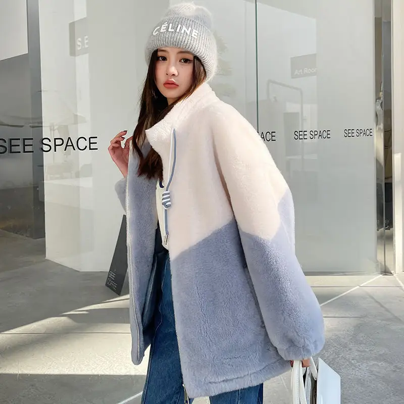 Faux Fur Coat Green White Spliced Lamb Fur Winter Jacket Women 2022 New Fashion Double Faced Fur Loose Tops Famale Clothing