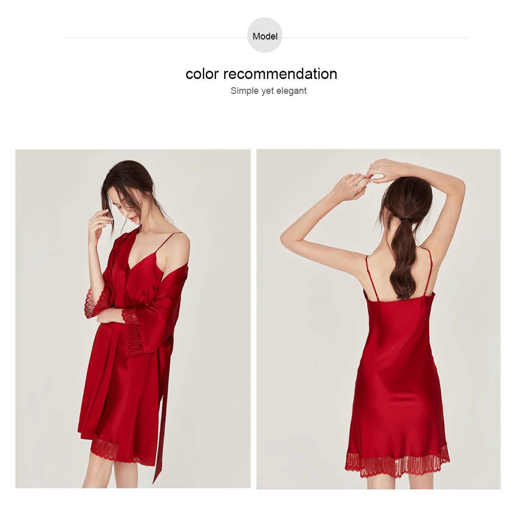 LiliRoms Noble Red 22 Momme 100% Silk Nightgown Robe Set Long Sleeve Lace Lingerie Sleepwear Elegant Clothing Free Shipping