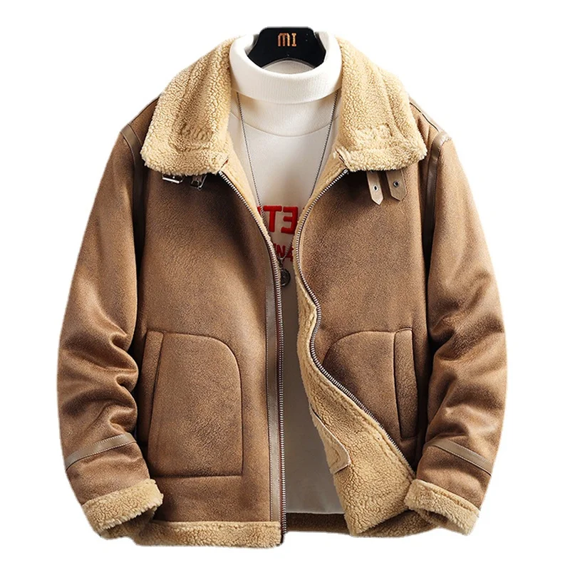 Suede Jacket Men's Autumn Winter Thick Lamb Fur Lapel Fashion Casual Warm Faux Leather Coat High Quality Large Size PU Jacket