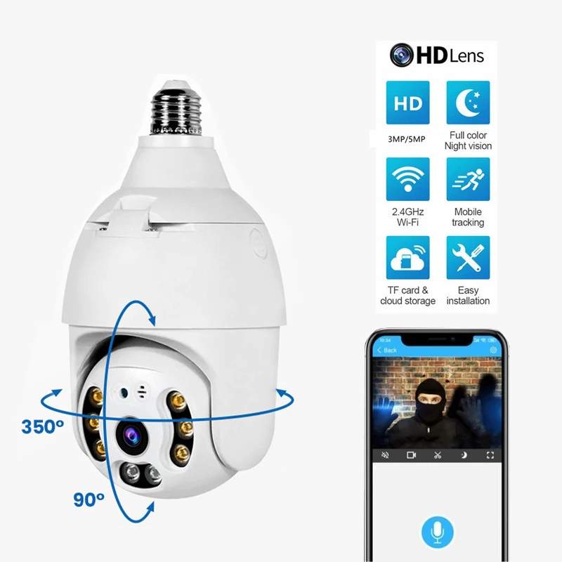 5MP HD Camera Wifi Smart 360° Panorama IP Camera Light Bulb Home Security CCTV Surveillance Pet Camera Security System