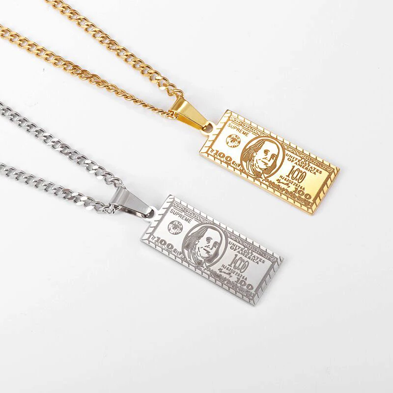 

Simple Personality Square Stainless Steel $100 Shaped Pendant Necklace Men and Women Hip Hop Punk Creative Jewelry Gift