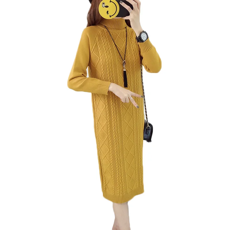 

New Winter Womens High Collar Clothing Long Sleeve Dress Fashion Long Section Knitting Ladies Autumn Sweater Solid Dress Females