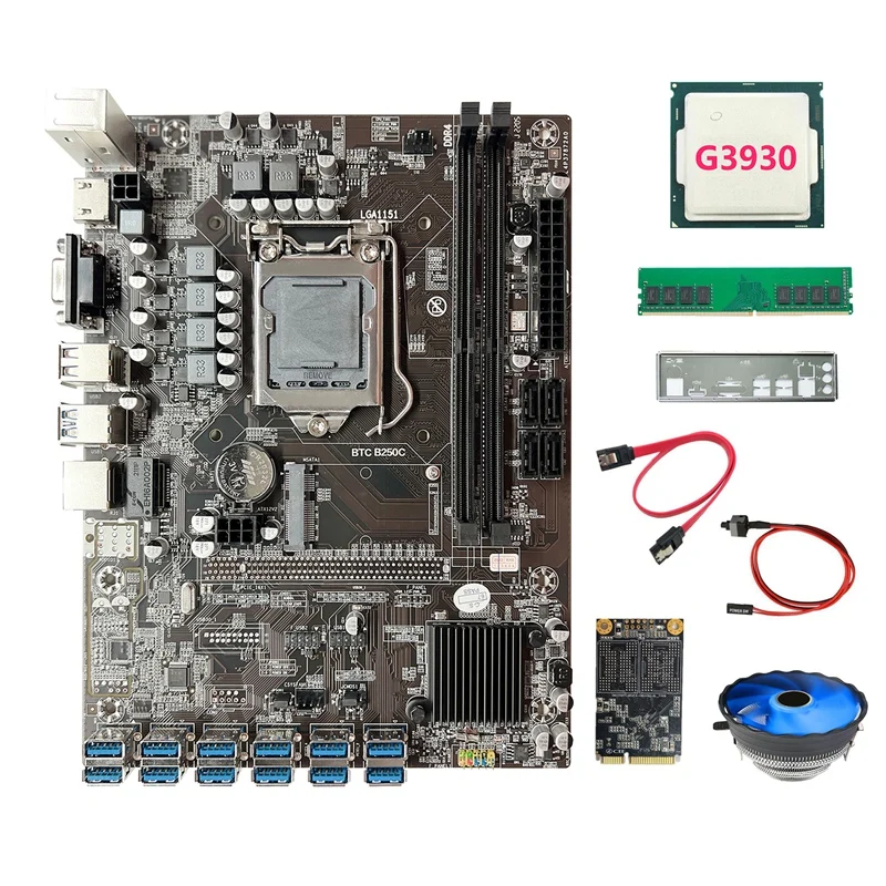 

B250C ETH Miner Motherboard+G3930 CPU+Fan+DDR4 4GB 2666Mhz RAM+128G SSD+SATA Cable+Switch Cable+Baffle 12USB3.0 For BTC