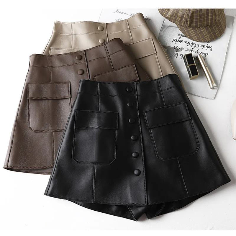 2022 Spring Women Harajuku Genuine Leather Shorts Skirts Elastic High Waist Casual Short Mujer Wide Leg Streetwear