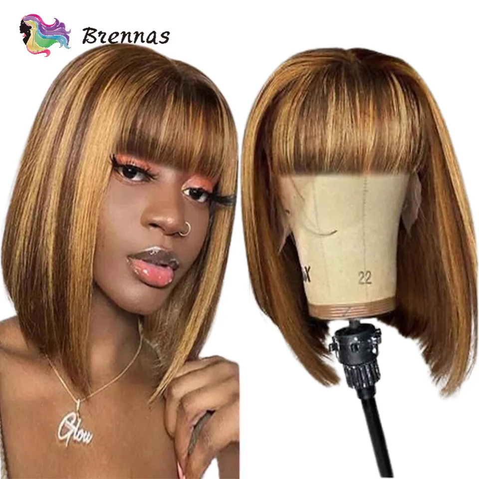 

Highlight Straight Bob Wig With Bangs Peruvian Honey Blonde Glueless Short Bob Wig Human Hair Straight Human Hair Wigs For Women