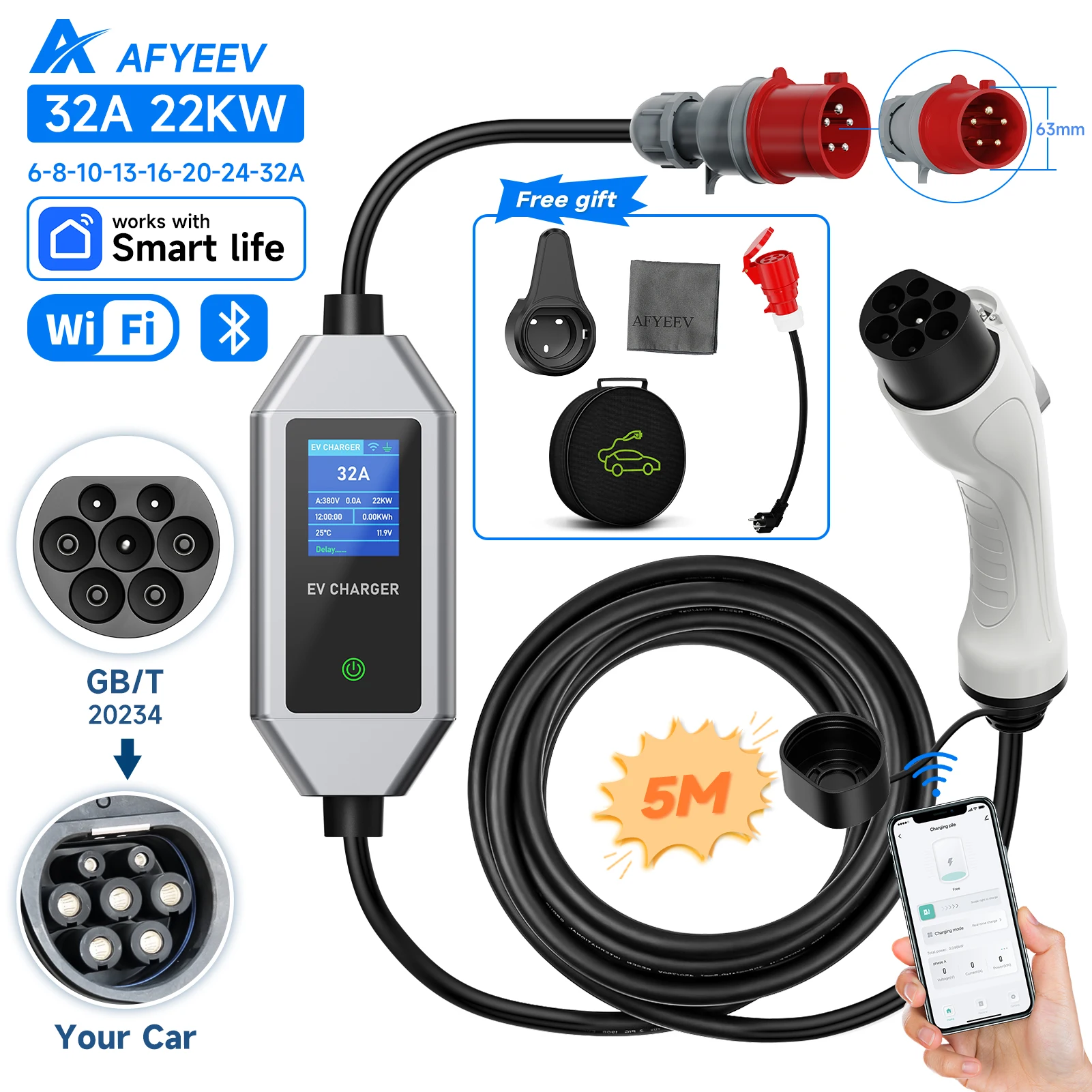

AFYEEV 22KW 32A 3-фазное портативное зарядное устройство для электромобилей Type2 Wi-Fi APP Control GB/T EVSE зарядное устройство зарядная станция для электромобиля