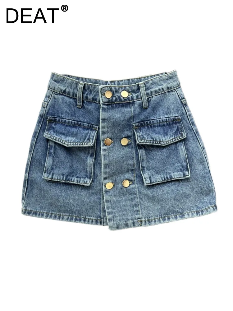 

Женская джинсовая мини-юбка DEAT, синяя облегающая юбка трапециевидной формы с высокой талией, двубортная юбка с карманами, лето 2023
