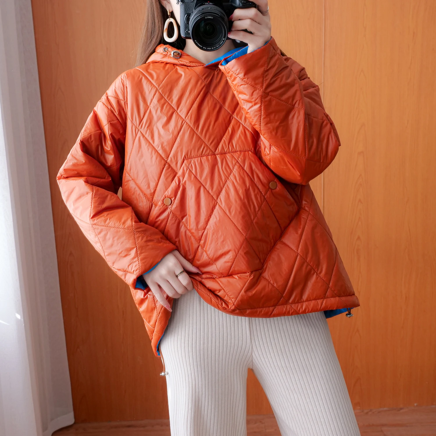 Plus Size Women's Winter Korean Style Casual Contrast Color Stitching Quilted Rhombus A Lightweight Hooded Down Jacket