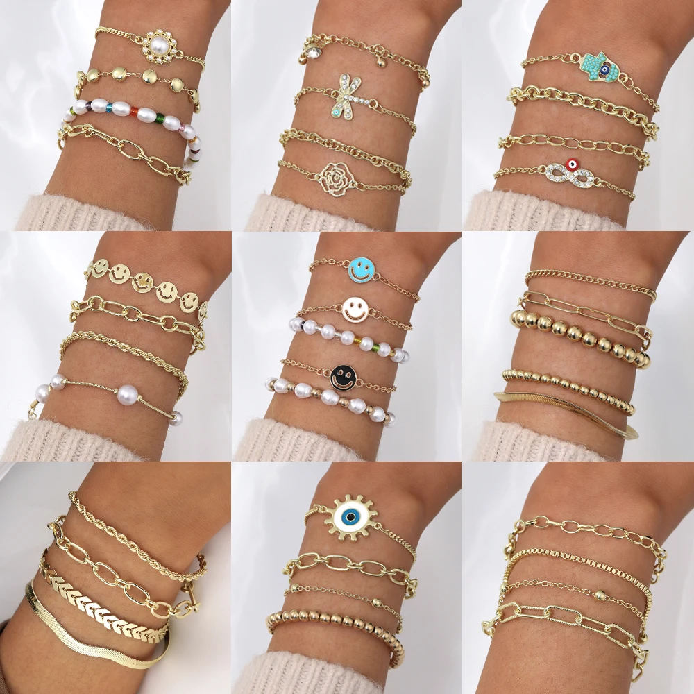 

Boho Charm Bracelets Set for Women Multilayer Gold Color Chain Pearl Bead Layered Bracelet Matching Bohemian Jewelry Accessories
