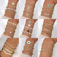 boho charm bracelets set for women multilayer gold color chain pearl bead layered bracelet matching bohemian jewelry accessories