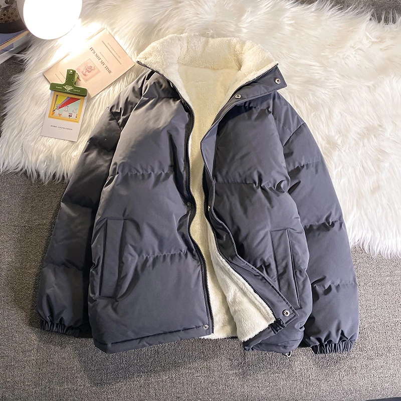 EOENKKY/2022 Winter New Jacket Men Casual Loose Thicken Fleece Warm Mens Parkas Solid Stand Collar Men Winter jacket S-3XL