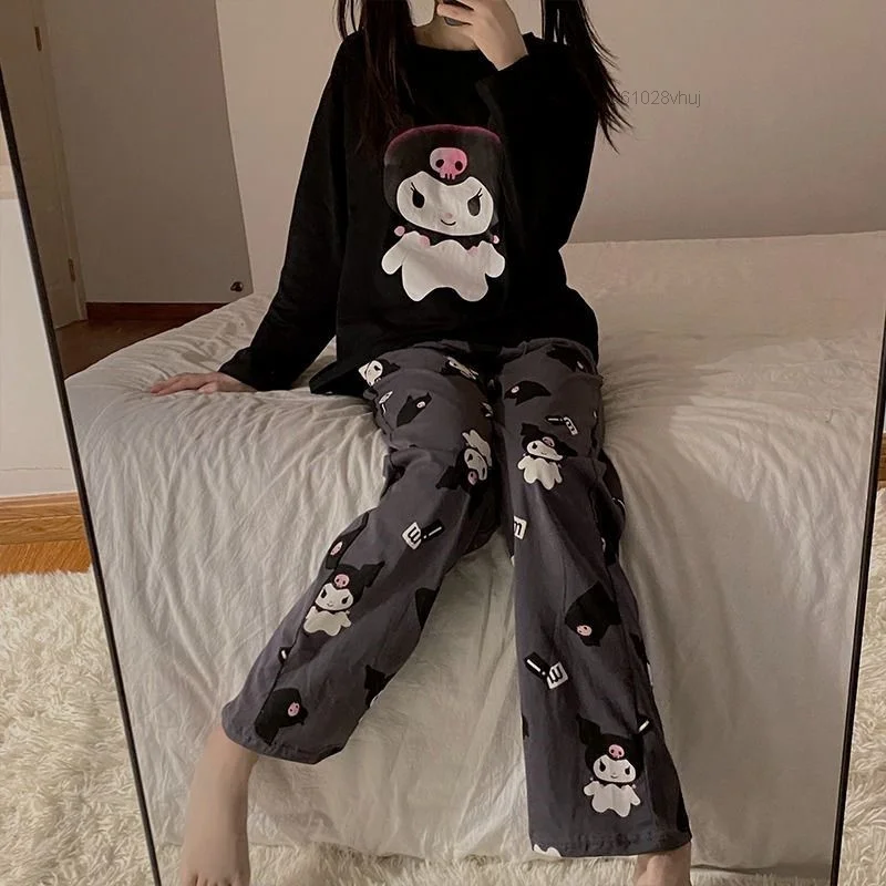 Sanrio Kuromi Pajamas Y2k New Korean Autumn Kawaii Two Piece Sleepwear Women Soft Home Wear Girl Christmas Birthday Gift Clothes