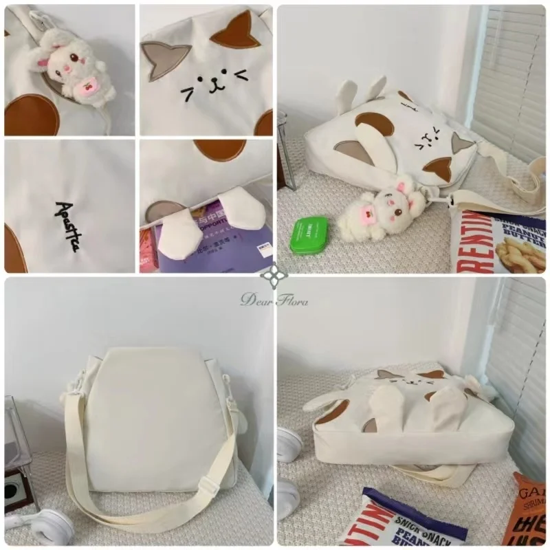 Women Japanese Style Kawaii Cute Nylon Shoulder Bag New Cartoon Cat Embroidery Crossbody Bag Girl Large Capacity Student Handbag