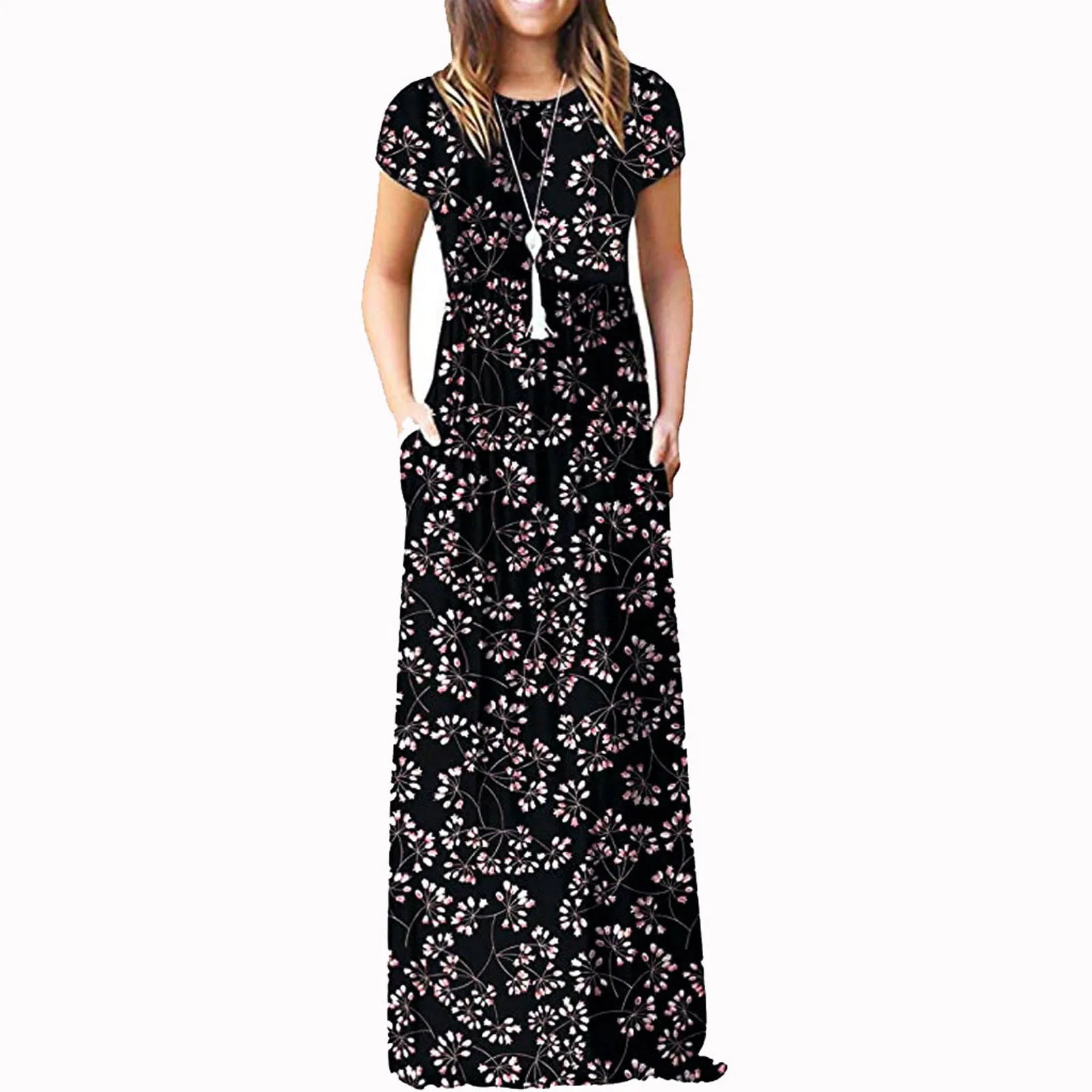 

Women's Short Sleeve Pocket Casual Floral Printing Beach Long Maxi Loose Dress Long Bridesmaid Dress