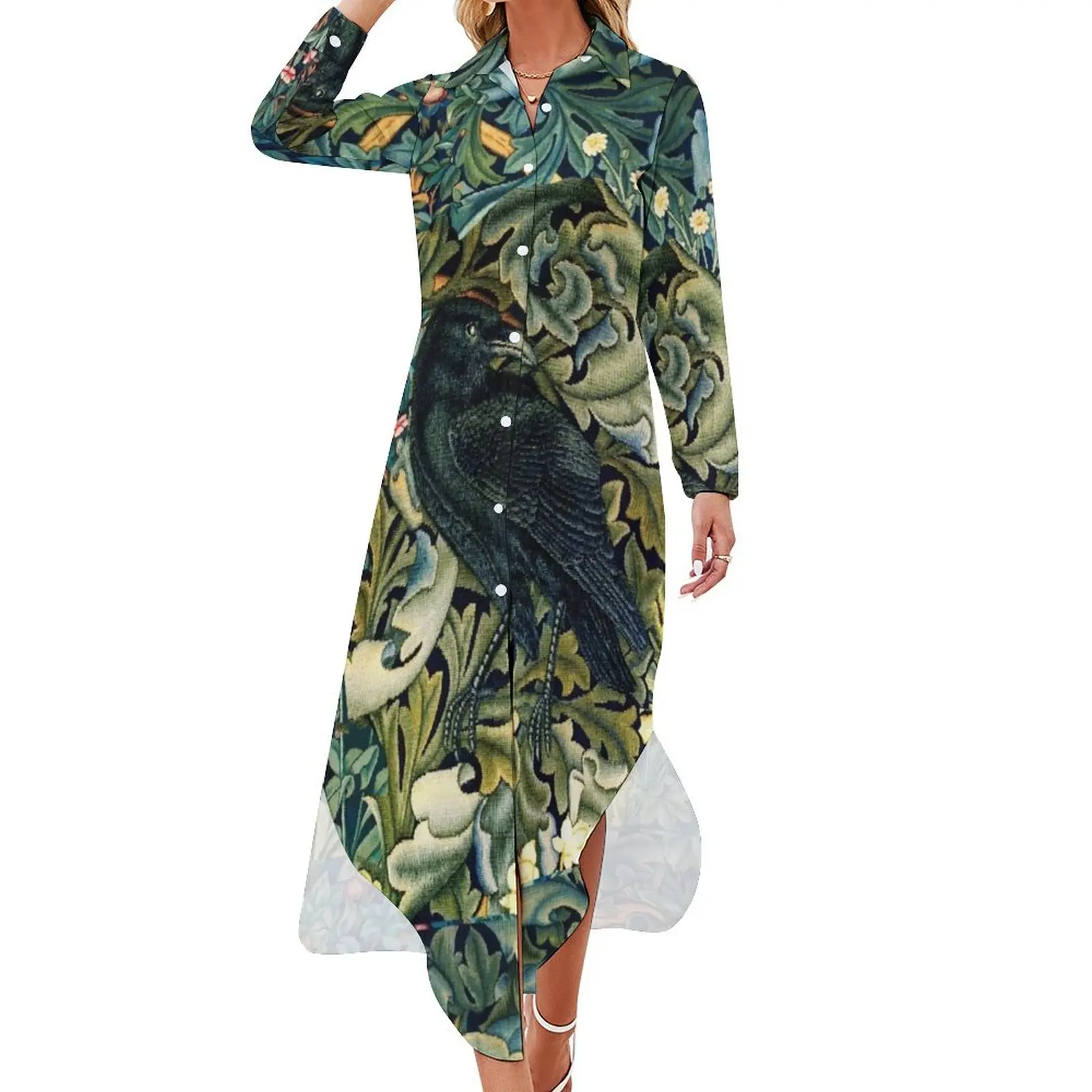 Зелень Животные леса Ворон на акантусе листья синего зеленого цветов рубашка с