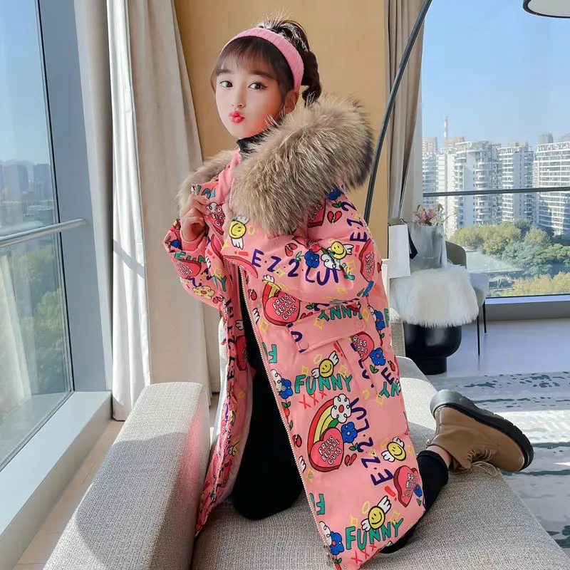 

Winter Warm Jackets for Girls Two Colors Faux Fur Hooded Coat Kids White Duck Down Parkas Children Waterproof Outwear TZ672