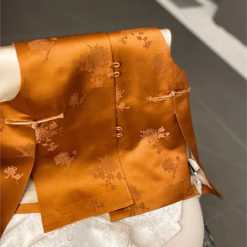 Новая китайская женская одежда стильная Улучшенная рубашка Оранжевая атласная