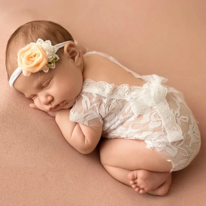 Cross-Border Foreign Trade Newborn Photography  Baby Foto Clothing Hollow Bow Rose Lace Headdress Flower