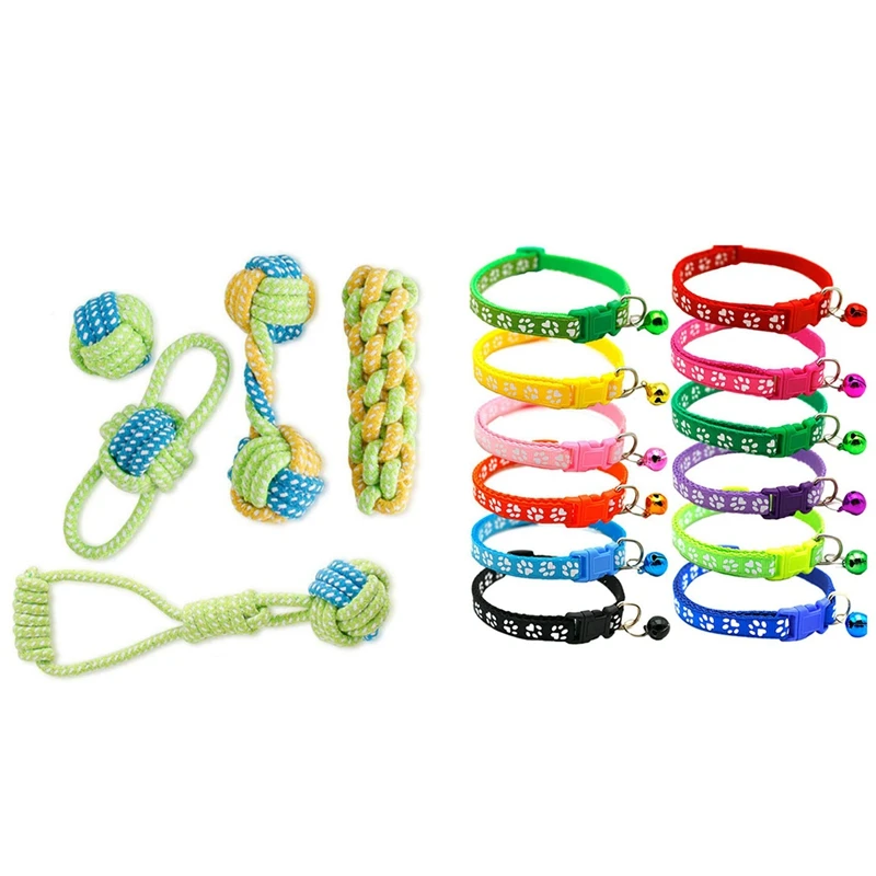 

Small Dog Puppy Rope Chew Toys Teething Clean & Cat Collar And Bell With Safety Quick Release Break Away Buckle