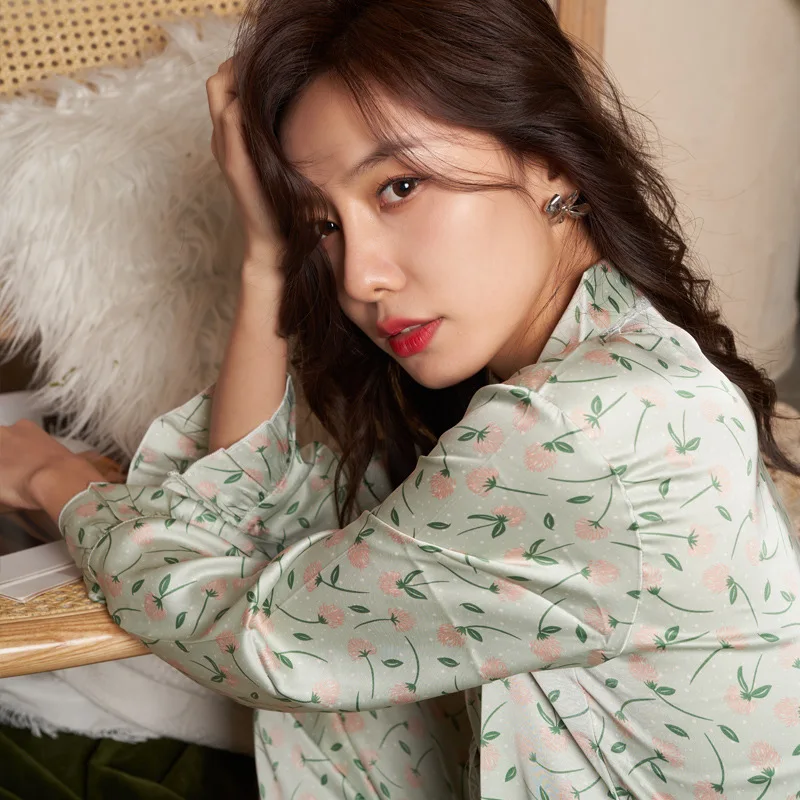 Women's 2 Piece Pajamas Sets Frilled Floral Pijama Ice Silk Female Pyjama Sleepwear Long Sleeve Shirt Pants Homewear Loungewear