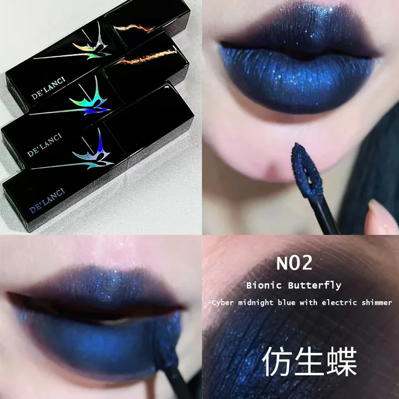 Фото Блеск для губ DE'LANCI Goth Velvet Moist Matte Shimmer: красный, синий, дымчатый, высокопигментированный, с мелким шиммером, стойкий, для Хэллоуина №3