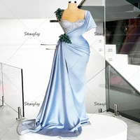 sexy light blue mermaid evening dress 2022 one shoulder beaded high slit sequin prom dresses elegant dinner party gown for women