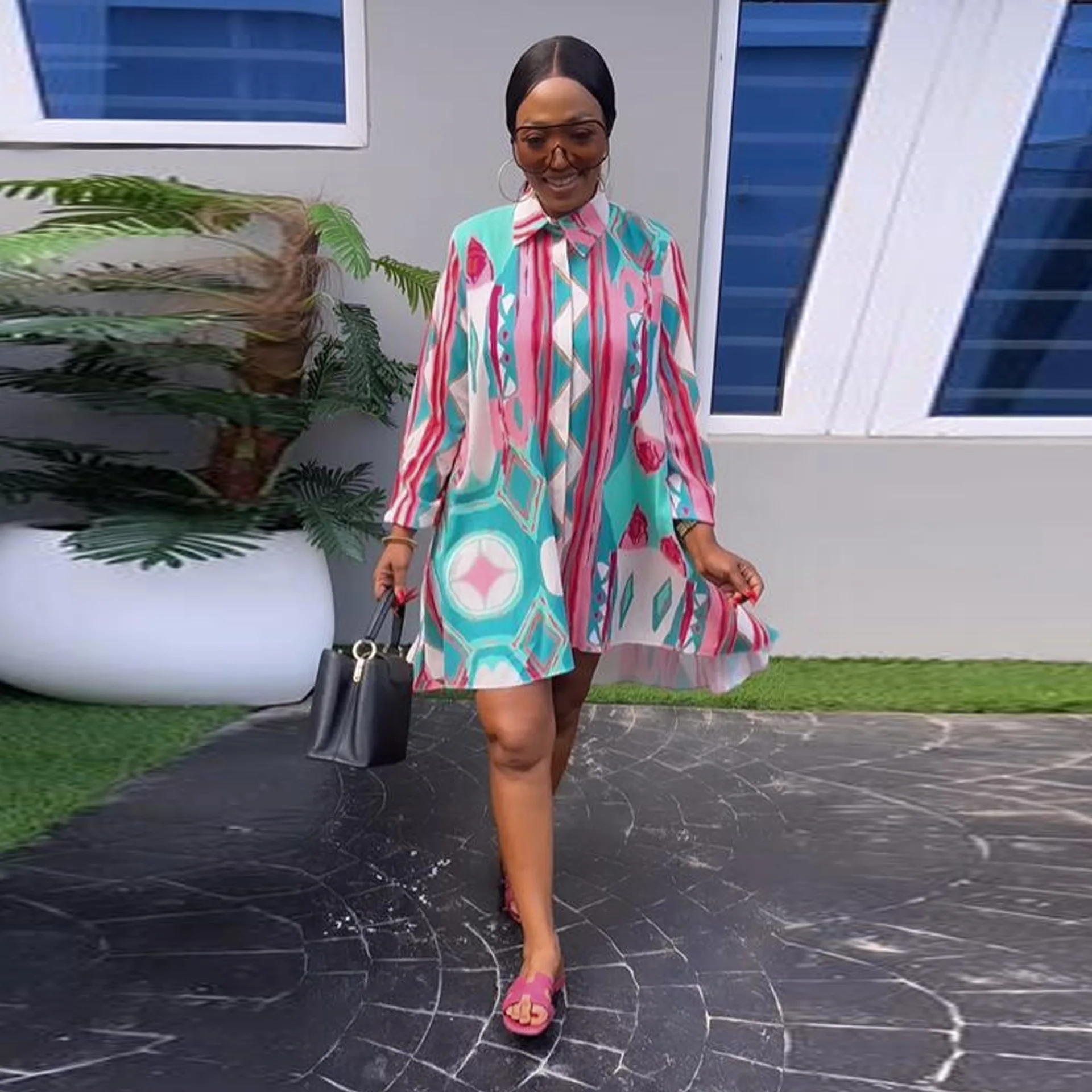 

Женское однобортное платье с отложным воротником, элегантное офисное свободное винтажное платье-рубашка с длинным рукавом и принтом, лето 2023