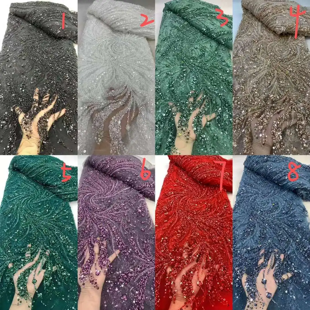 Африканская кружевная ткань с бисером 5 ярдов нигерийская вышивкой 2024 высокое