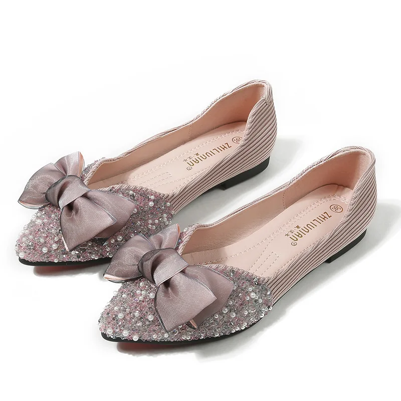 Lolita Shoes Clear Beading Bowknot Women Flats Luxury Pointed Ballerina Shoes Soft Bottom Espadrilles Female Bow Moccasins