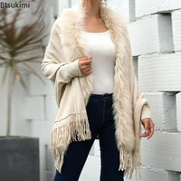 new fur collar winter shawls and wraps bohemian fringe oversized womens winter ponchos and capes batwing sleeve cardigan female