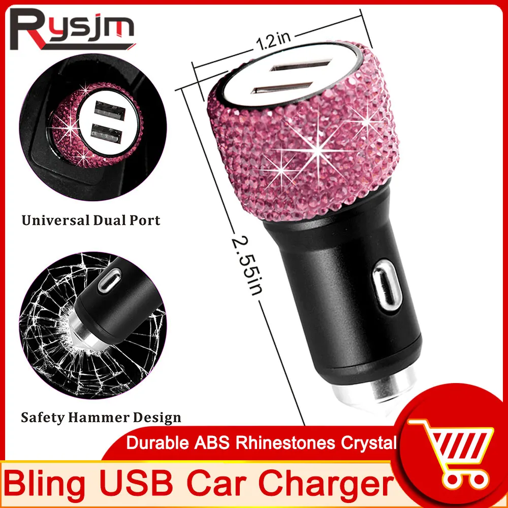 

Dual USB Port Fast Charging Car Charger Safety Hammer Design To Help Break Windows In Emergencies With Bling Rhinestones Crystal