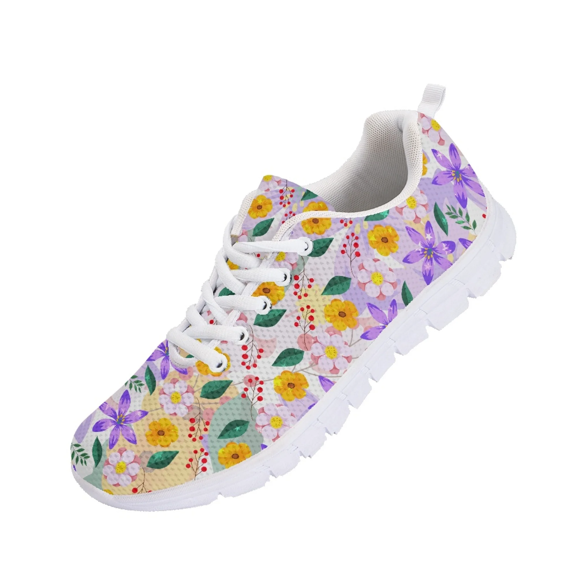 Yikeluo Green Leaves Flowers Print Women Flats Shoes Casual Sneakers Lace-up Air Mesh Ladies Comfort Sneakers Zapatillas Mujer