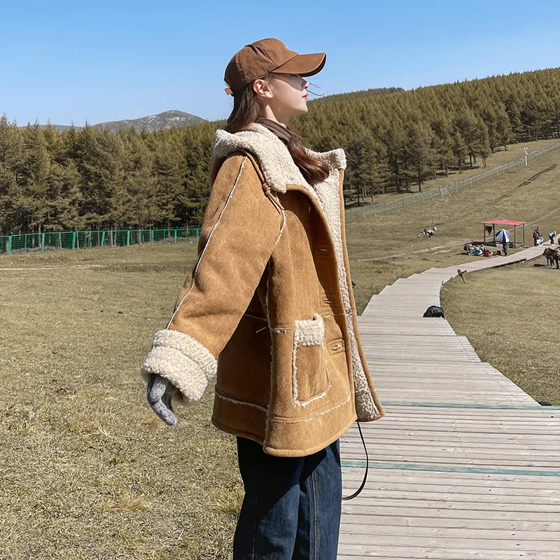 Vintage lamb wool coat women's autumn and winter cashmere thickened cotton coat