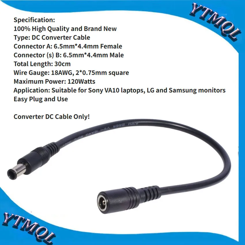 YTMQL Адаптер питания 6.5*4.4 мм для ноутбуков Sony, кабель для мониторов LG Samsung