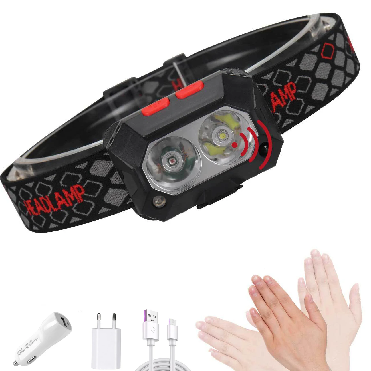 

Красный/белый светодиодный налобный фонарь, перезаряжаемый налобный фонарь, Головной фонарь с датчиком движения тела, фонарь для кемпинга, ...