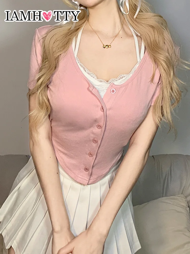 

IAMHOTTY Sweet Lace Stitching Halter Crop Top Pink y2k Casual Irregular Hem Slim Fake Two-Piece T-Shirt Korean Cute Tee Coquette