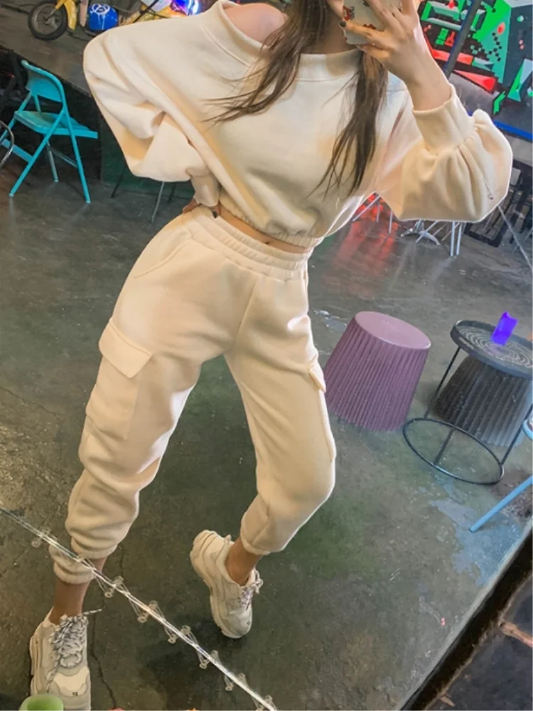 

Women Pullover Hoodies Sweatshirts Suit Winter Spring Solid Casual Tracksuit Y2K 2 Pieces Set Sweatpants Quality Outfits